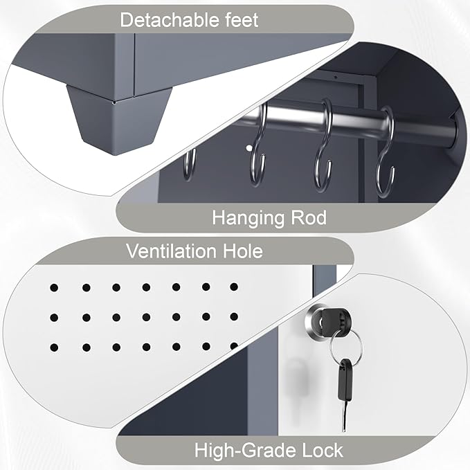 Storage Cabinet,Slim Broom Closet Storage Cabinets with Lockable Doors,Narrow Utility Cabinets with Hanging Rod,Tall Broom Closet for Laundry,Home Office,Grey-White-Ruum Studio Home