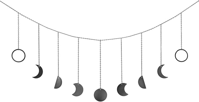 Mkono Moon Phase Wall Hanging Boho Aesthetic Room Decor Metal Moons Garland Hanging Art Bohemian Home Decoration for Girls Room Nursery Bedroom Livingroom Dorm, Ideal, Black, 50"-Ruum Studio Home