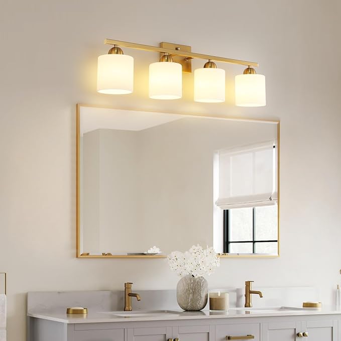 Stainless Steel Milk Glass Vanity Lights for Bathroom, 4 Light Gold Bathroom Light Fixtures Over Mirror, Ceramic E26 Sockets Wall Mounted-Ruum Studio Home