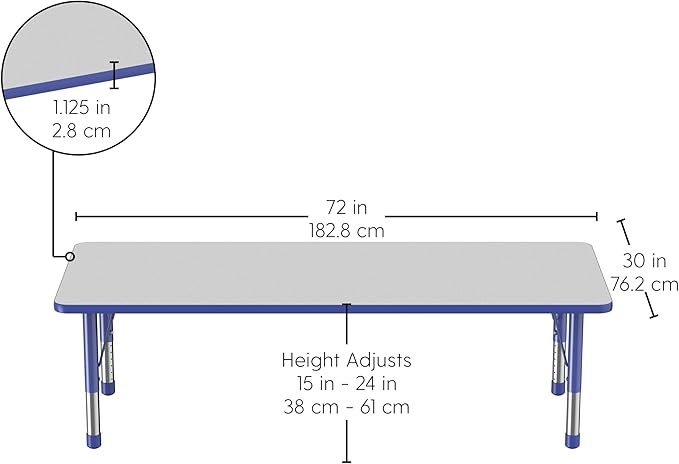 FDP Rectangle Activity School and Classroom Kids Table (30 x 72 inch), Chunky Toddler Leg, Adjustable Height 15-24 inches - Gray Top and Blue Edge-Ruum Studio Home