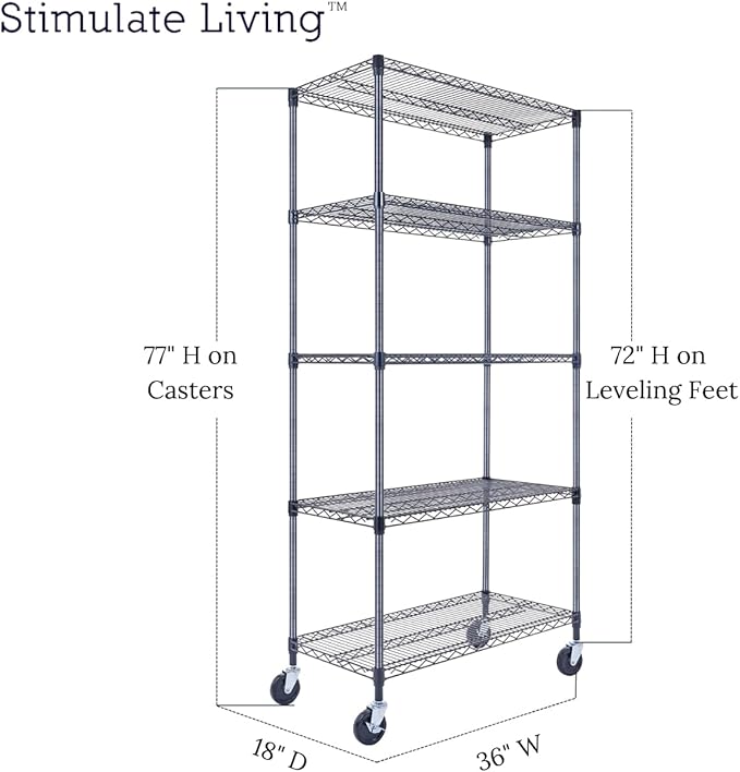 36"x18"x72" Prime Heavy Duty Black 5-Tier Wire Shelving NSF 4000 LBS MAX Capacity Storage Rack for Commercial, Hospital, School, Garage, and Kitchen Uses (with Wheels)-Ruum Studio Home