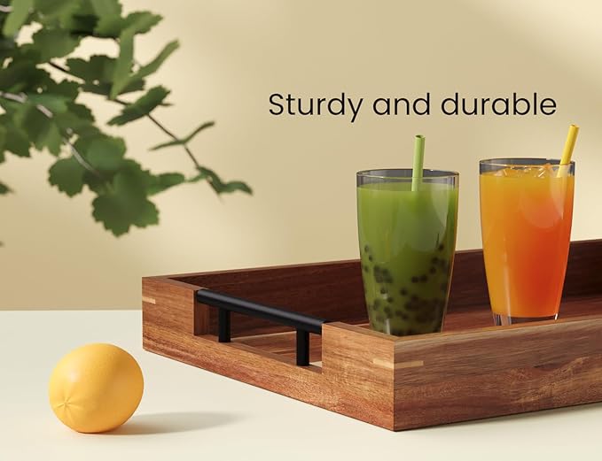 Acacia Wood Set of 2 Serving Tray with Metal Handles,Ottoman Decorative Trays Platter for Coffee Table,Living Room,Bar,Party-Ruum Studio Home