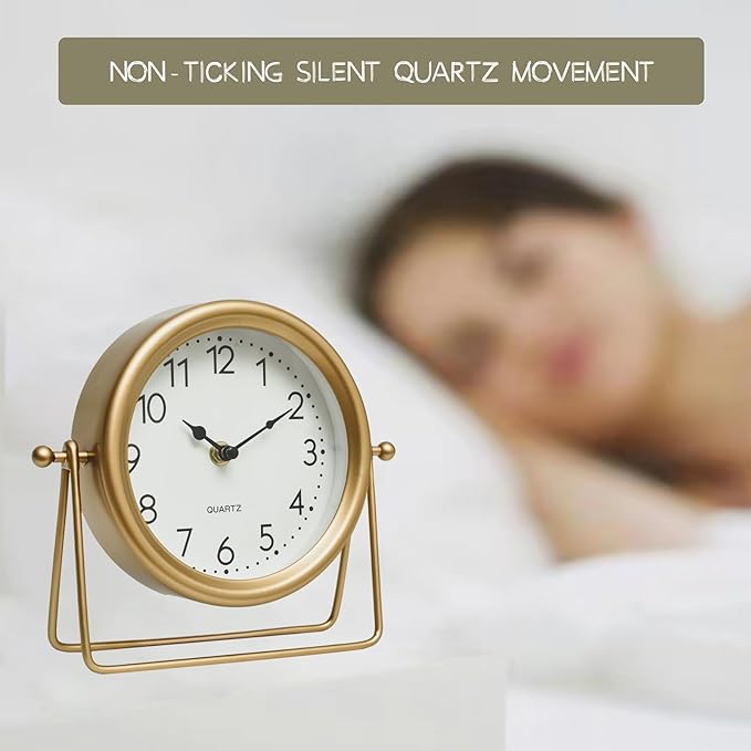 Vintage Golden Table Clock - Elegant Battery Operated Office, Living Room, and Bedroom Clock with Minimalist Design Gold Table Decor 22x19.5x5.5cm-Ruum Studio Home