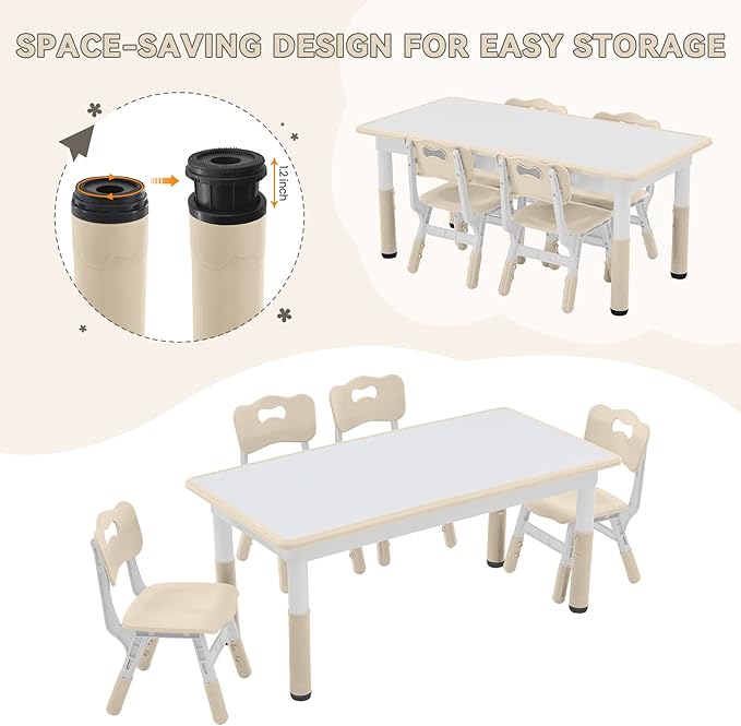 Kids Study Table and Chairs Set, Height Adjustable Toddler Table and Chair Set for Kids Ages 3-8, Graffiti Desktop (Burlywood - 1)-Ruum Studio Home