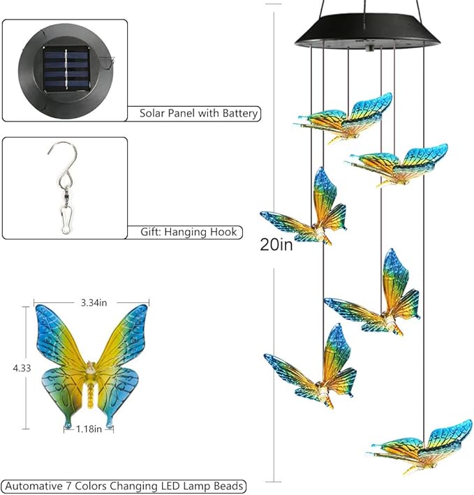 Toodour Solar Wind Chime, Color Changing Wind Chimes Butterfly, LED Decorative Mobile, Gifts for Mom Grandma, Waterproof Outdoor Decorative Lights for Garden, Patio, Yard, Window, Outdoor Decor-Ruum Studio Home