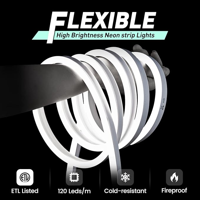 GZBtech Flexible LED Neon Rope Lights 100FT,AC 110-120V Waterproof Strip Light, 120 LEDs/M Cuttable Connectable Neon Lighting for Indoor Outdoor Home Decor/Commercial Building Use-Cold White 30M-Ruum Studio Home