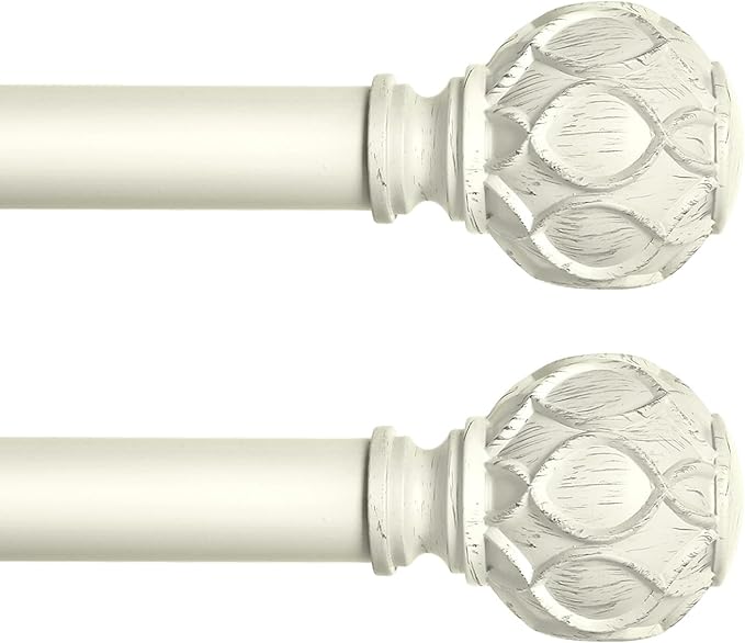 White Farmhouse Curtain Rods for Windows:Heavy Duty Adjustable Curtain Rod for Bedroom Living Room,Boho Decorative Rustic Drapery Rods with Vintage Coastal Finials,Antique White 2 Pack 18-45"-Ruum Studio Home