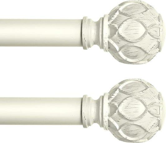 White Farmhouse Curtain Rods for Windows:Heavy Duty Adjustable Curtain Rod for Bedroom Living Room,Boho Decorative Rustic Drapery Pole with Vintage Coastal Finials,Antique White 2 Pack 36-88"-Ruum Studio Home