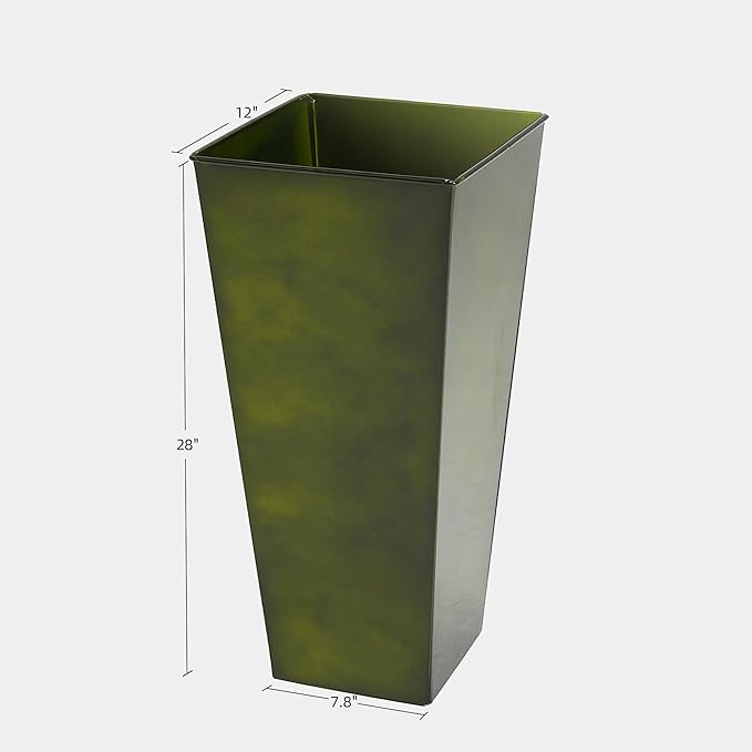 KOL 28''H. Tall Metal Planter with Saucer, Galvanized Steel Glazed Planter Pots with Drainage Hole for Indoor & Outdoor Use, Set of 2, Decorative Flower Plant Pots for Front Porch, Patio, Deck - Green-Ruum Studio Home