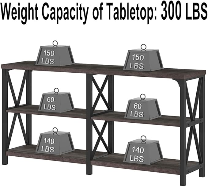 LVB Rustic Console Table, Industrial Modern Sofa Table Behind Couch, Long Metal Wood Entryway Table with Storage Shelf, Farmhouse Foyer Hallway Table for Home Living Room Bedroom, Dark Gray Oak, 63 in-Ruum Studio Home