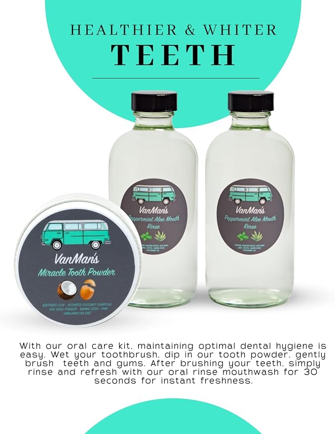 Vanman's - Oral Mouth Care Kit with Powder Toothpaste (2.5 Ounce) and Two Oral Rinse Mouthwash (8 Ounce) - Aloe, Mint Remineralizing Mouthwash and Tooth Powder with Coconut Charcoal, Egg Shell-Ruum Studio Home