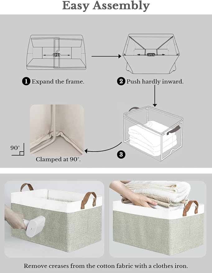 StorageWorks Storage Bins, Fabric Storage Bins for Shelves, Large Storage Baskets with Metal Frame, Closet Baskets and Bins with Handles, Green and White, 2-Pack-Ruum Studio Home