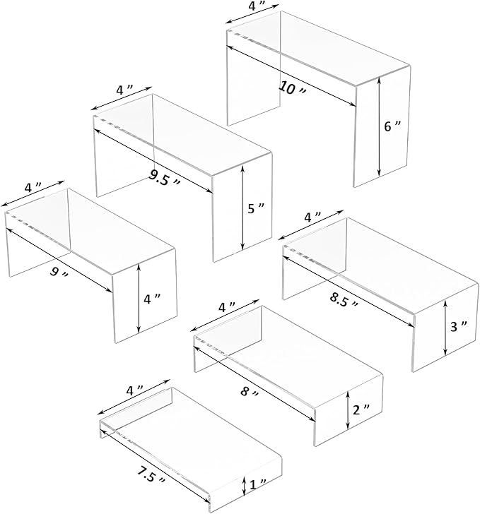 Acrylic Display Risers 6pcs, Clear Rectangular Display Organizer Stands, Acrylic Display for Funko Pop Figure, Desserts, Cupcake, Toys, Collectibles, Merchandises - 7.5''x8''x8.5''x9''x9.5''x10''-Ruum Studio Home