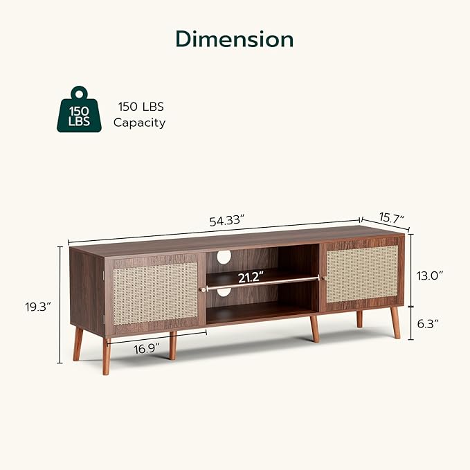 TV Stand for TVs up to 65'', Entertainment Center With Rattan Door, Shelves & 2 Cabinets, Long Boho Media Console for Living Room, Walnut-Ruum Studio Home