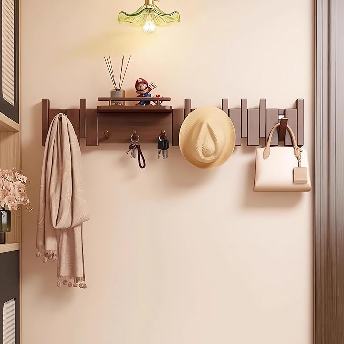 Wall Mounted Piano Key Hanger | Flip Style Hook | Entrance Wall Art Hook, Made of Oak Wood (3 Times Painted, 4 Times Polished) (Fence Beech, 8Hooks)-Ruum Studio Home