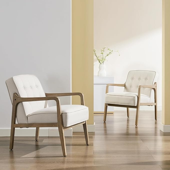 Linen Accent Chair Set of 2, Mid Century Modern Chair for Living Room, Upholstered Comfy Lounge Armchair with Solid Wood Frame, Reading Side Chair for Bedroom,105°Ergonomic Comfort, White-Ruum Studio Home
