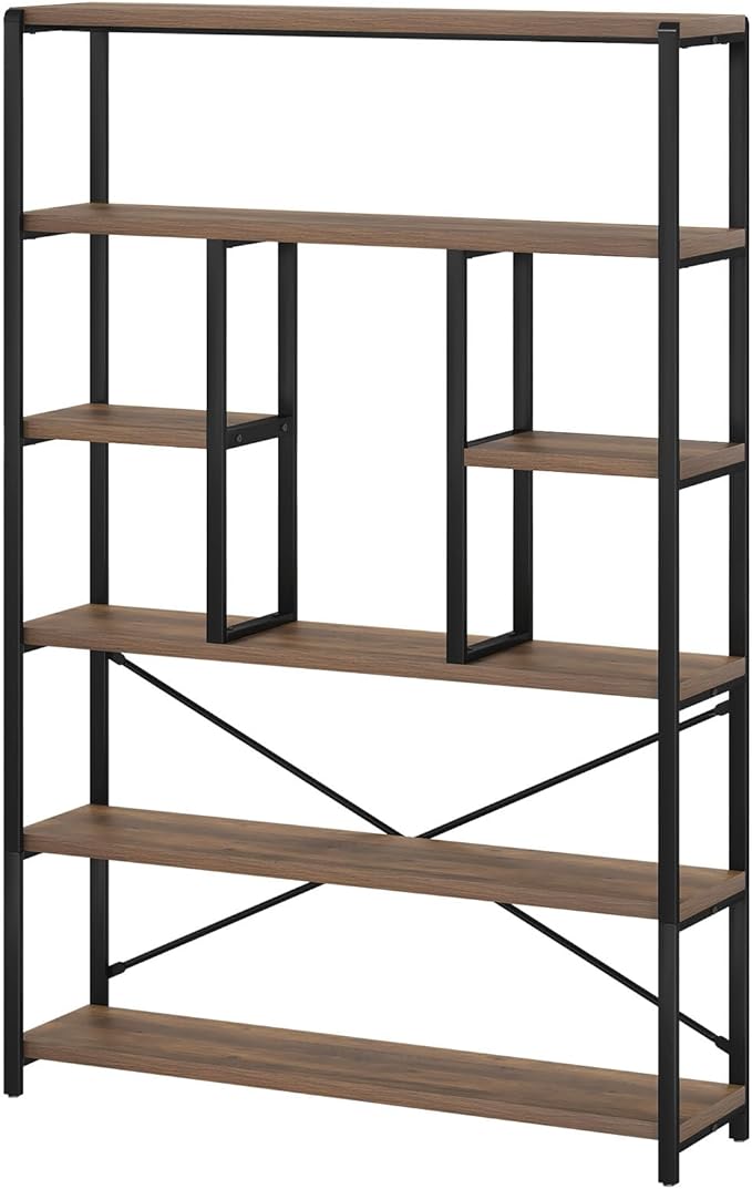 LVB Tall Industrial Etagere Bookcase, Modern Wood Large Open 6 Tier Bookshelf, Vintage Wide Metal Book Shelf Organizer, Farmhouse Book Shelves for Bedroom Living Room Home Office Storage, Rustic Oak-Ruum Studio Home
