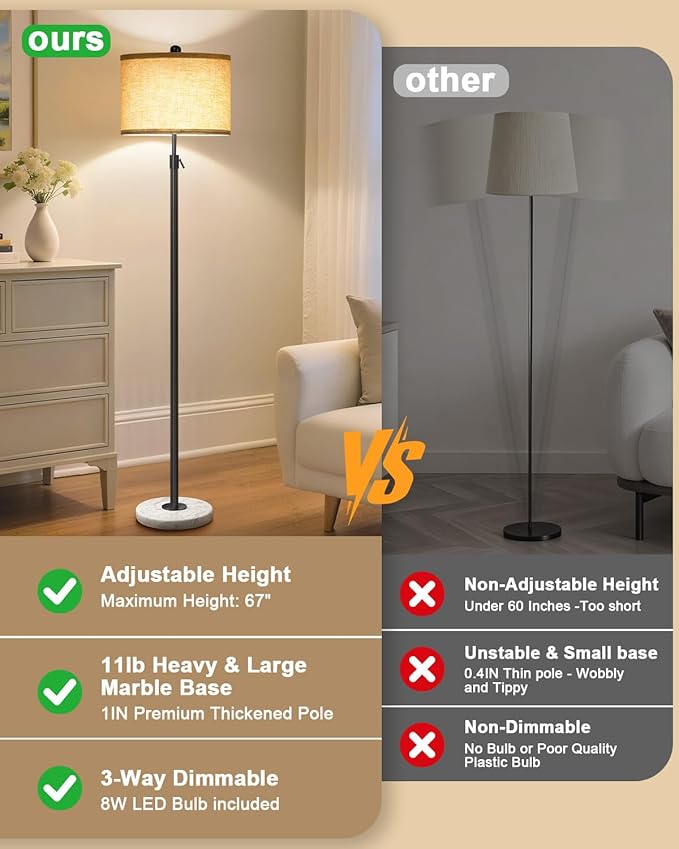 Floor Lamp for Living Room - Adjustable Height Standing Lamp with Marble Base & Linen Shade - Tall Pole Floor Light with 3 Color Temperatures Bulb for Bedroom, Reading - Easy Assembly-Ruum Studio Home