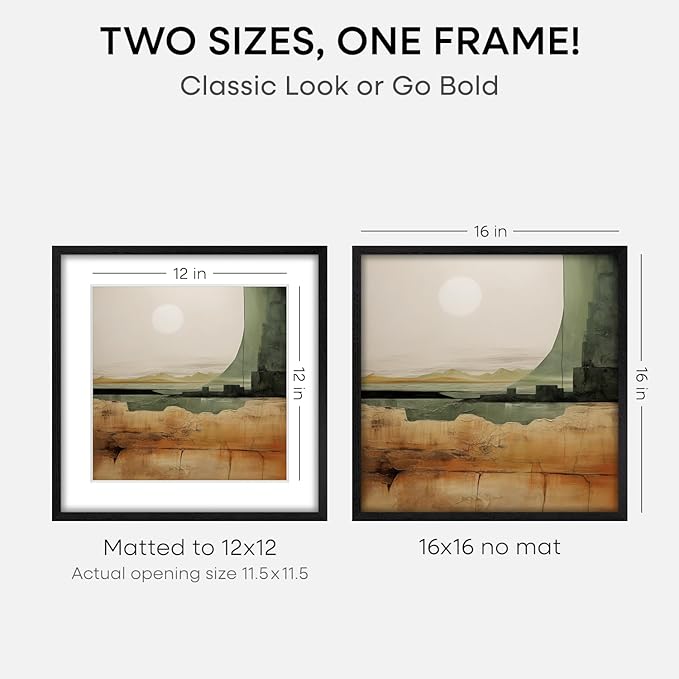 Homeforia 16x16 Black Wood Frame, High End Oak 16 x 16 Square Picture Frames with Mat 12 by 12 inches Photo, 16by16 Black Wooden Poster Frames Matted to 12x12 Print, Tempered Glass, Wall Kit, Set of 1-Ruum Studio Home