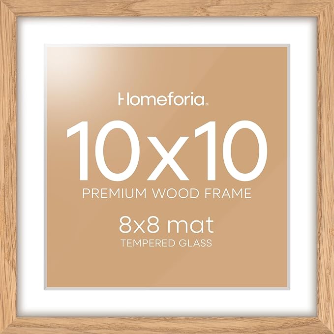 Homeforia 10x10 Picture Frame Wood, High-End Natural Oak 10 x 10 Thin Square Poster Frames with Mat 8 by 8 inch Photo, 10by10 Light Wooden Frame Matted to 8x8 Print, Tempered Glass, Wall Kit, Set of 1-Ruum Studio Home
