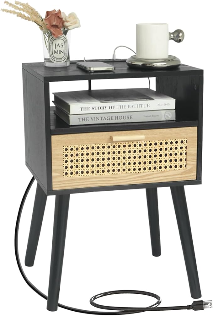 MaxSmeo Mid Century Modern Nightstand with Charging Station, Bedside Tables with Rattan Drawer, Small Wood Nightstand Side Table for Living Room,Bedroom (Black)-Ruum Studio Home