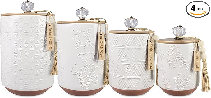 Youngs 21207 Ceramic Canister with Wood Lid and Silicon Seal, Crystal Knob and Blessing Bead Tassel Accent, 4-piece Set-Ruum Studio Home