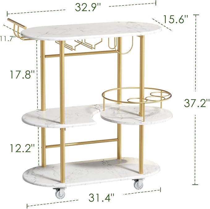 Gold Bar Carts with 4-Tier Storage Shelves, Mobile Bar Serving Cart with Wine Rack and Glass Holder, for The Home, Kitchen, Living Room, Dining Room-Ruum Studio Home