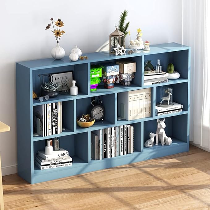 IOTXY Open Shelf Low Bookcase - Wooden 3-Tier Floor Standing Display Cabinet Organizer with Base, 10 Cubes Short Horizontal Bookshelf in Bright Blue-Ruum Studio Home