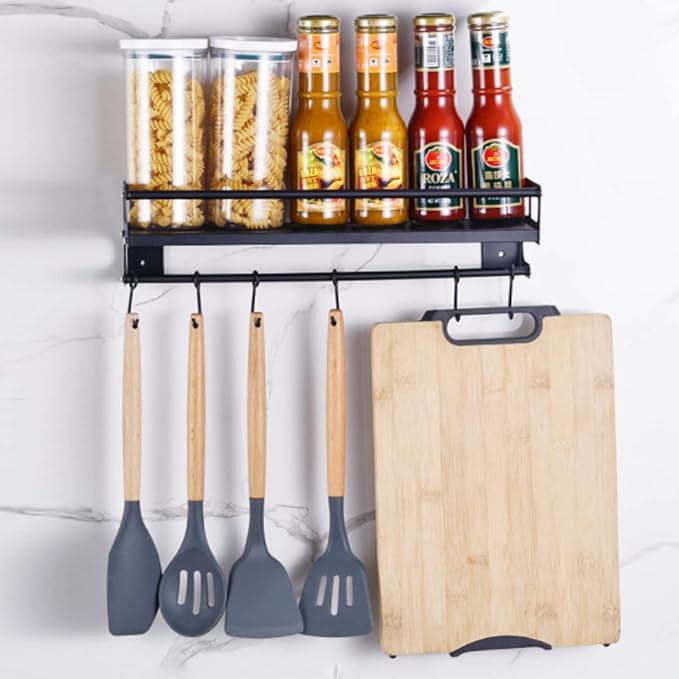 Wall Mount Storage Holder，Stainless Steel Strong Shelf with 6 Removable Hooks, Spice Rack Organizer，Kitchen Organizer Shelf, Space Saving Spice Rack and Kitchen Storage (black)-Ruum Studio Home
