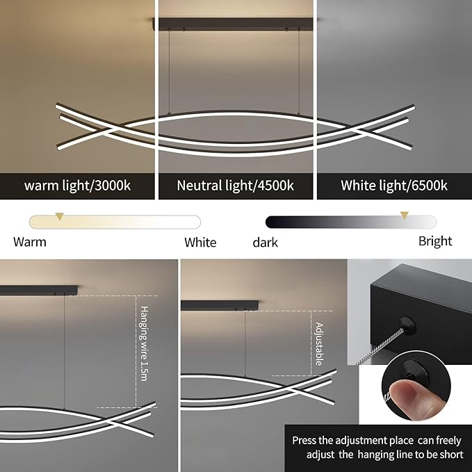 Modern Chandelier, Linear Pendant Light LED Dimmable Hanging Light Fixture, 3000K-6500K with Remote Control (Black, 47IN)-Ruum Studio Home