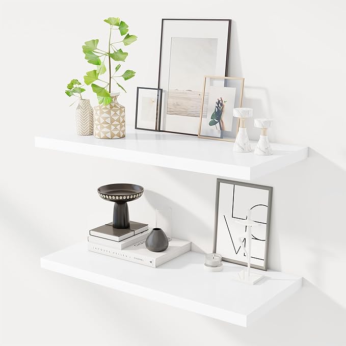30" Floating Shelves for Wall, 12" Deep Slim White Floating Shelves, Wall-Mounted Shelves for Bedroom, Living Room, Kitchen, Bathroom - Set of 2-Ruum Studio Home