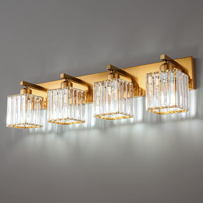 Modern Vanity Light 4-Lights Modern Gold Brushed Brass Finish Crystal Wall Light Bathroom Vanity Light Fixtures-Ruum Studio Home