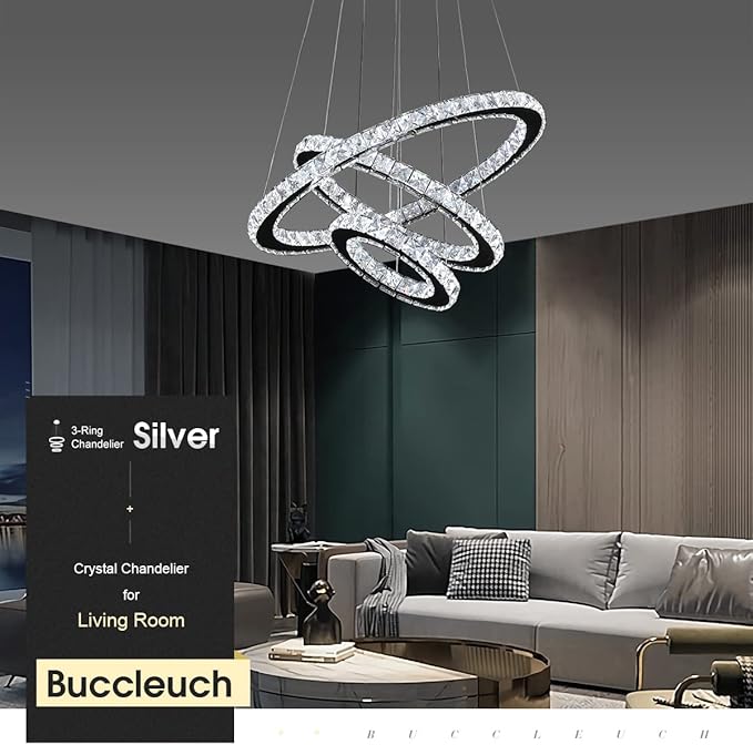 Buccleuch Modern Crystal Chandelier, Dimmable LED Pendant Light Fixture 3-Ring Adjustable Stainless Steel Ceiling Light, Silver Crystal Chandeliers for Dining Room, Bedroom, Living Room - ETL Listed-Ruum Studio Home