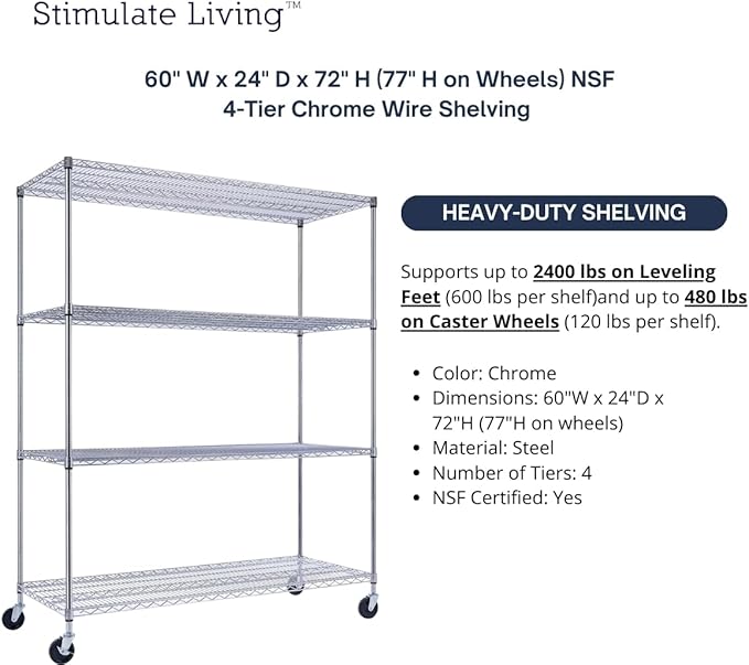 60"x24"x72" PRIME HEAVY DUTY Chrome 4-Tier Wire Shelving NSF 2400 LBS MAX Capacity Storage Rack for Commercial, School, Home, Garage, Warehouse, Industrial, and Hospital Uses (with Wheels)-Ruum Studio Home