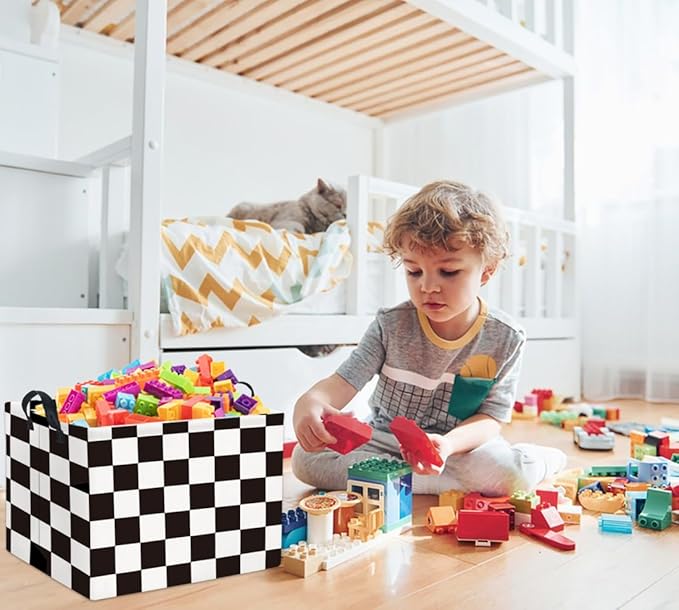 HIYAGON Rectangular Car Basket for Boys Checkered Basket Kids Baby Storage Bin Toy Organizer Box Car Room Decor(Racing Flag)-Ruum Studio Home
