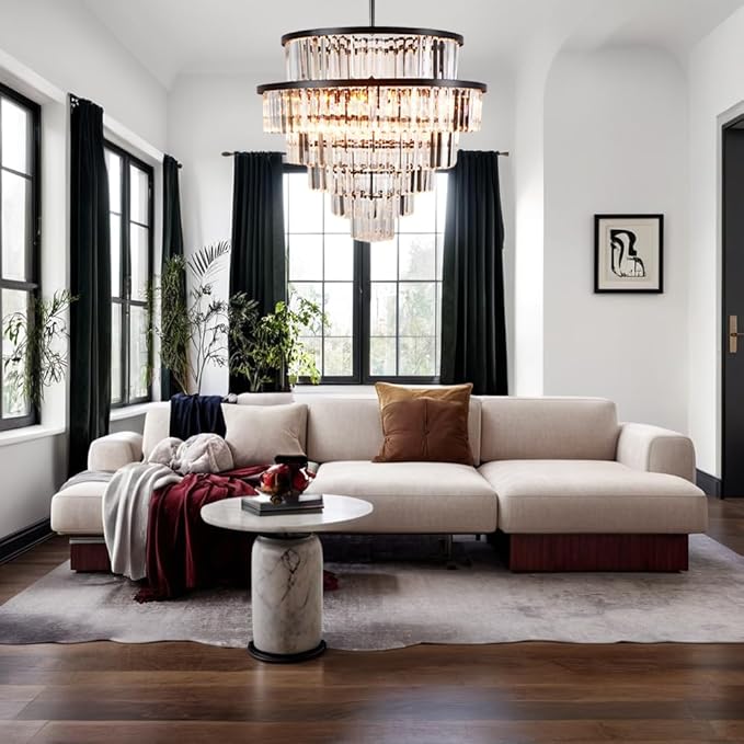 Luxury 6-Tier Round K9 Crystal Chandelier, Black Finish 26 Inch Diam Ceiling Light, Classic Elegant Chandelier with Crystal Piece, Lighting Fixture for Hallway, Bedroom, Living Room-Ruum Studio Home