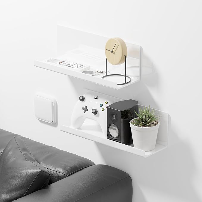 Acrylic Wall Floating Shelves Set of 2, Wall Shelves White 12 Inch Adhesive Wall Organizer Adhesive Shelf for Bathroom, Kitchen, Bedroom, Office, Gaming Room, No Damage, No Drill-Ruum Studio Home