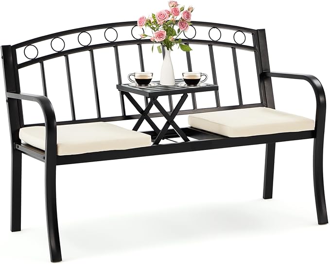 AVAWING Outdoor Metal Garden Bench, 2-Seat Patio Porch Bench with Steel Frame, Park Bench w/Pullout Middle Table＆ Cushion for Backyard Lawn Deck Entryway, Black-Ruum Studio Home