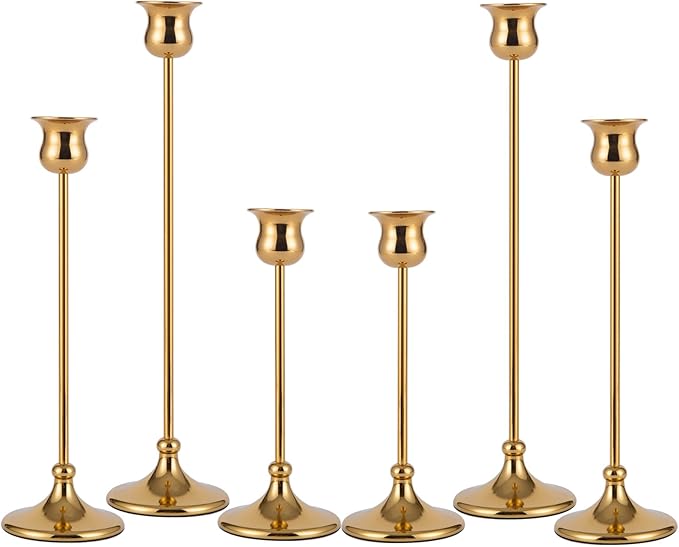 Taper Candle Holder Tall Vintage Metal Candlestick Holders Candle Stick Candelabra for Halloween Thanksgiving Christmas Holiday Wedding (Gold, 2 Sets (6 pcs))-Ruum Studio Home