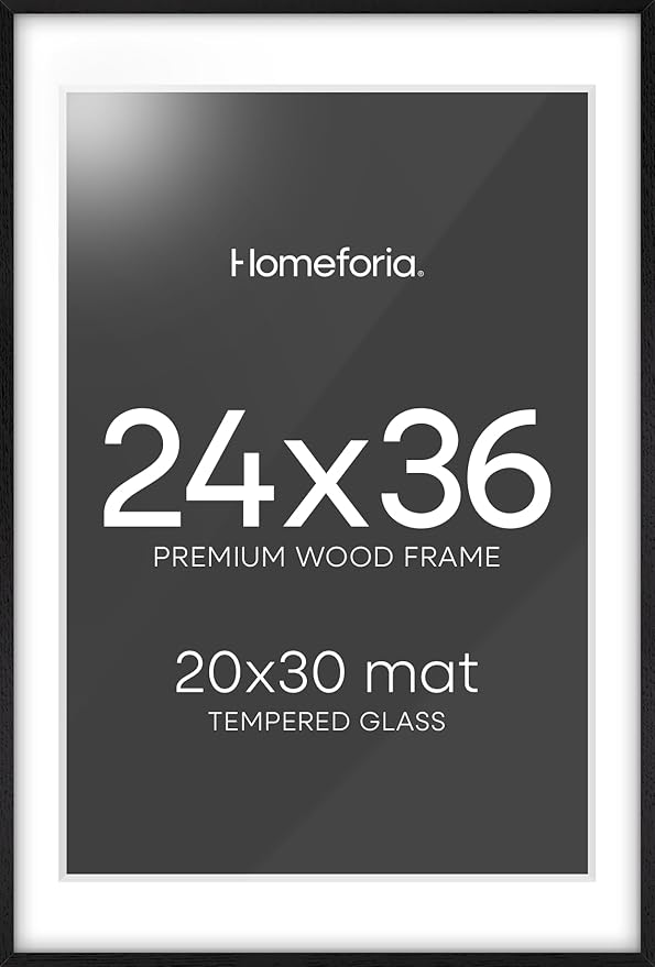 Homeforia 24x36 Black Wood Frame, High End Oak 24x36 Large Wooden Poster Frames with Mat 20x30 inch Photo, 24 x 36 Picture Frame Matted to 20 x 30, 36x24 Thin Frame, Tempered Glass, Wall Kit, Set of 1-Ruum Studio Home
