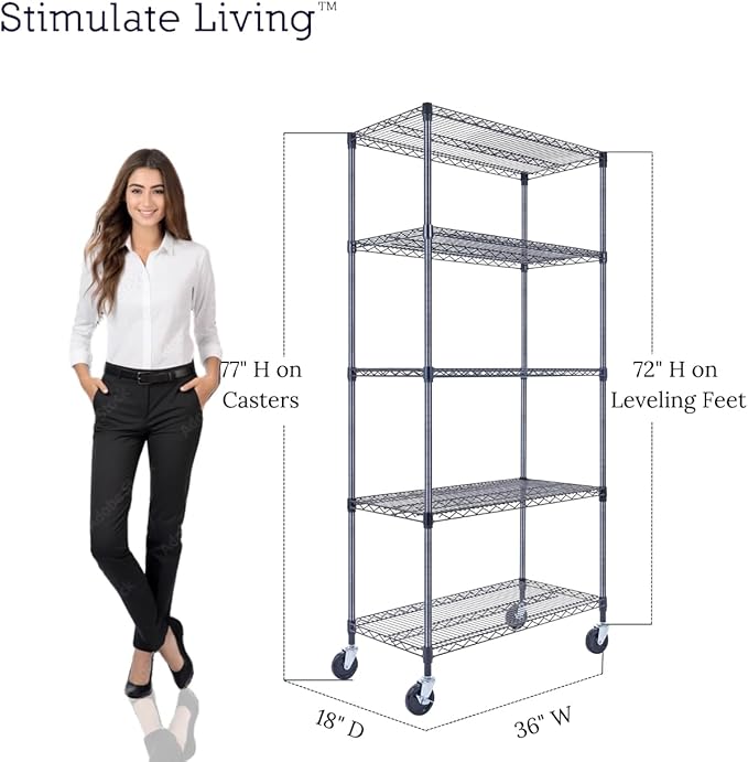 36"x18"x72" Prime Heavy Duty Black 5-Tier Wire Shelving NSF 4000 LBS MAX Capacity Storage Rack for Commercial, Hospital, School, Garage, and Kitchen Uses (with Wheels)-Ruum Studio Home