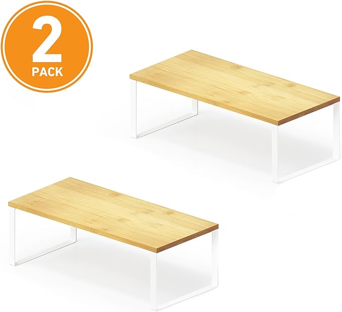 SpaceAid Cabinet Shelf Organizers 2 Pack, Kitchen Counter Rack Shelves Riser, Stackable Expandable Spice Rack, Pantry Cupboard Storage Organization (White and Natural, Long)-Ruum Studio Home