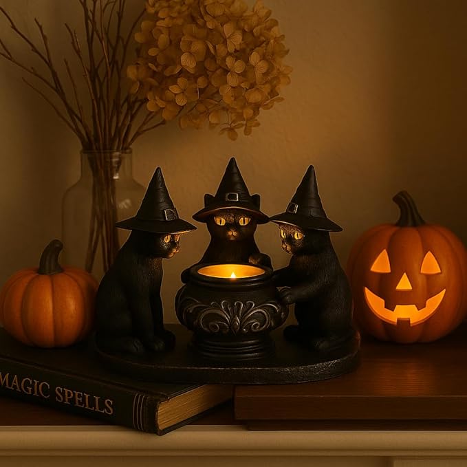 Halloween Black Cat Candle Holder, Cute Halloween Table Decor & Mantel Decoration (Black)-Ruum Studio Home