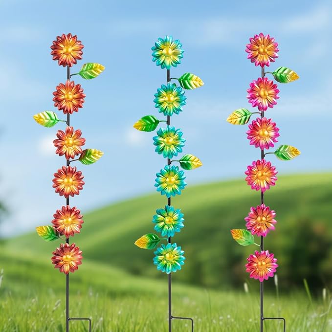 3Pack Flowers Decorative Garden Stakes,Spring Outdoor Metal Flowers Decorations,Metal Yard Art for Outside Patio Porch Decor（22.6 * 5.1IN）-Ruum Studio Home