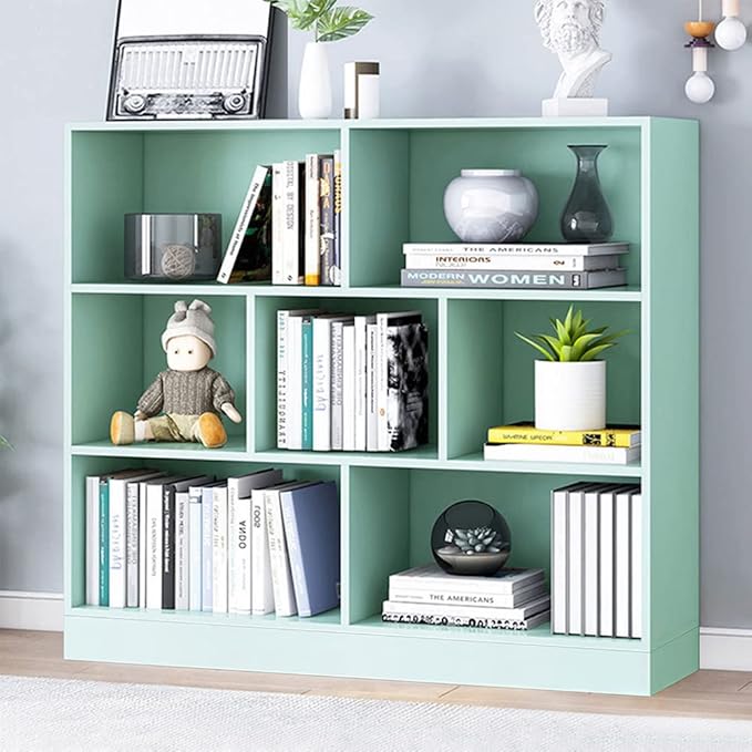IOTXY Open Shelf Low Bookcase - Wooden 3-Tier Floor Standing Display Cabinet Organizer with Base, 7 Cubes Short Horizontal Bookshelf in Tiffany-Green-Ruum Studio Home