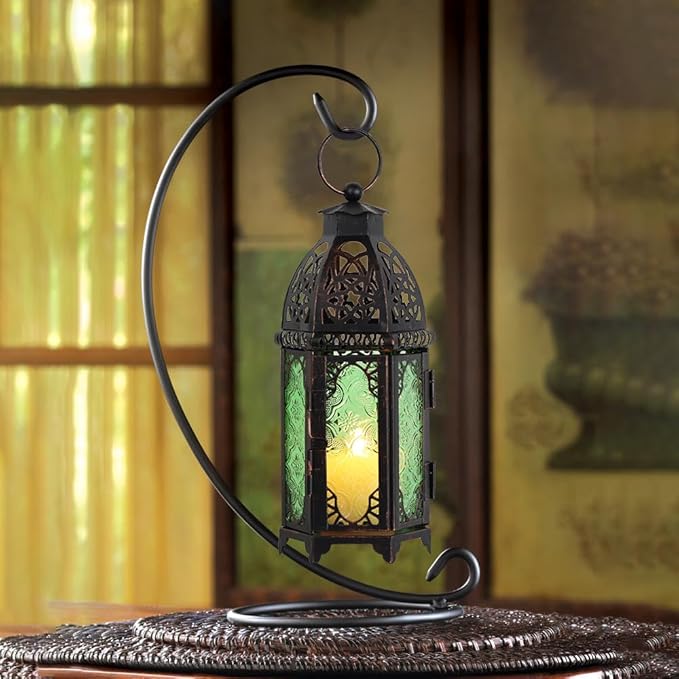 NEEDOMO Hanging Moroccan Lantern, 11'' Vintage Candle Holder, Metal Lanterns Decorative Indoor Outdoor, Table, Patio, Porch, Shelf, Gothic Home Decor (Green, Medium Size)-Ruum Studio Home