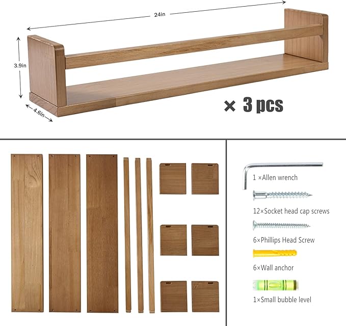 AZSKY Nursery Shelves Light Walnut Floating Book Shelf Organizer for Baby Nursery Décor Wall Book Shelves for Kids Room 24 Inch Wood Wall Ledge Shelves for Bathroom Kitchen Spice Rack a Set of 3-Ruum Studio Home
