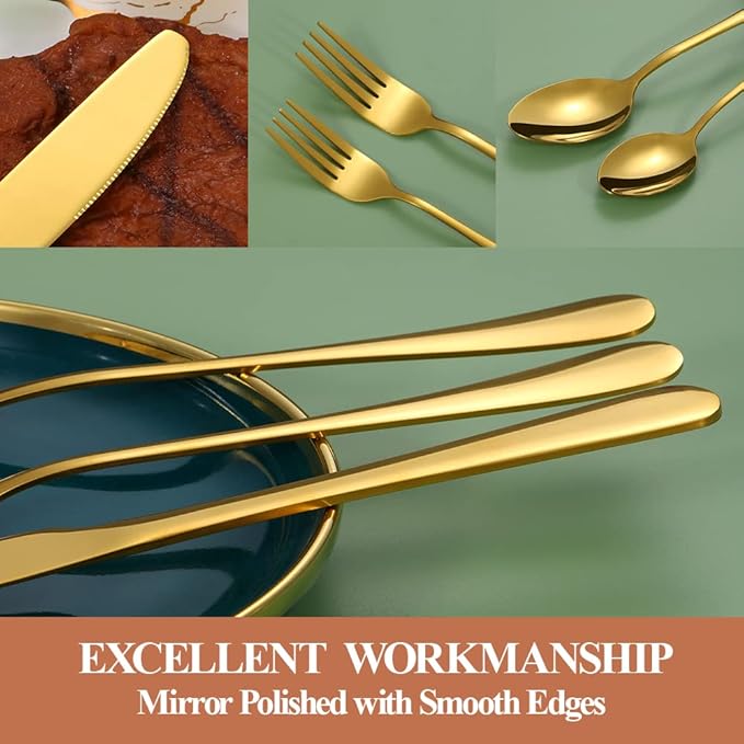 Lazycorner 40 Pcs Gold Silverware Set for 8, Food Grade Stainless Steel Flatware Set Include Fork/Knife/Spoon, Mirror Polished Eating Utensils Sets, Reusable Silverwear Cutlery Set, Dishwasher Safe-Ruum Studio Home