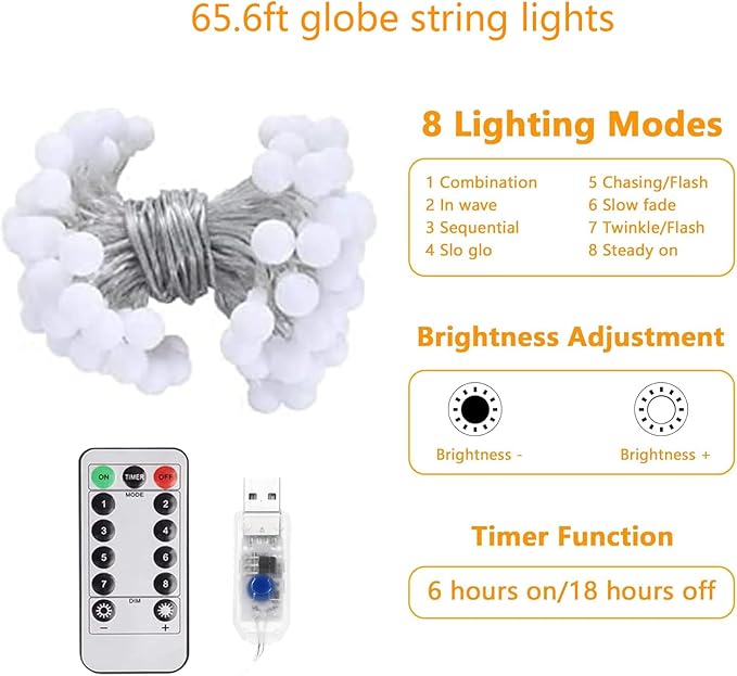 Globe String Lights 65.6 Ft. 120LEDs 8 Modes with Remote,USB Fairy Lights Plug in,Waterproof LED String Lights for Indoor Outdoor Bedroom Party Wedding Garden Christmas Tree Decor,Warm White-Ruum Studio Home