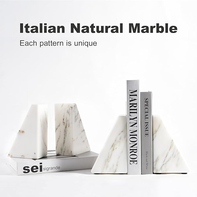 Marble Book Ends White, Heavy Duty Book Ends for Shelves, Decorative Natural Book Stopper，Unique Decorative Bookend for Home Shelves Calacatta Natural Marble Bookend, Set of 2-Ruum Studio Home